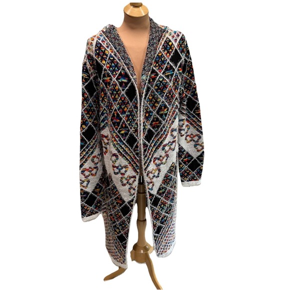 Sweaters - On Blue Fuzzy Hooded Cardigan‎ Sweater Funky Multi-Color Artsy